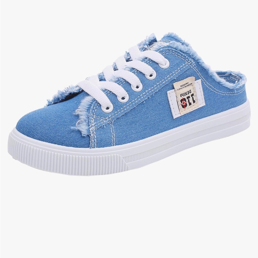 Distresssed Denim Lace Up Mules